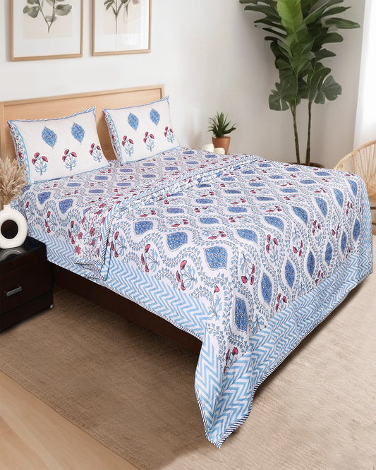 Blue Hand blocked Printed Reversible Double Bed Hand Quilting Quilt Set