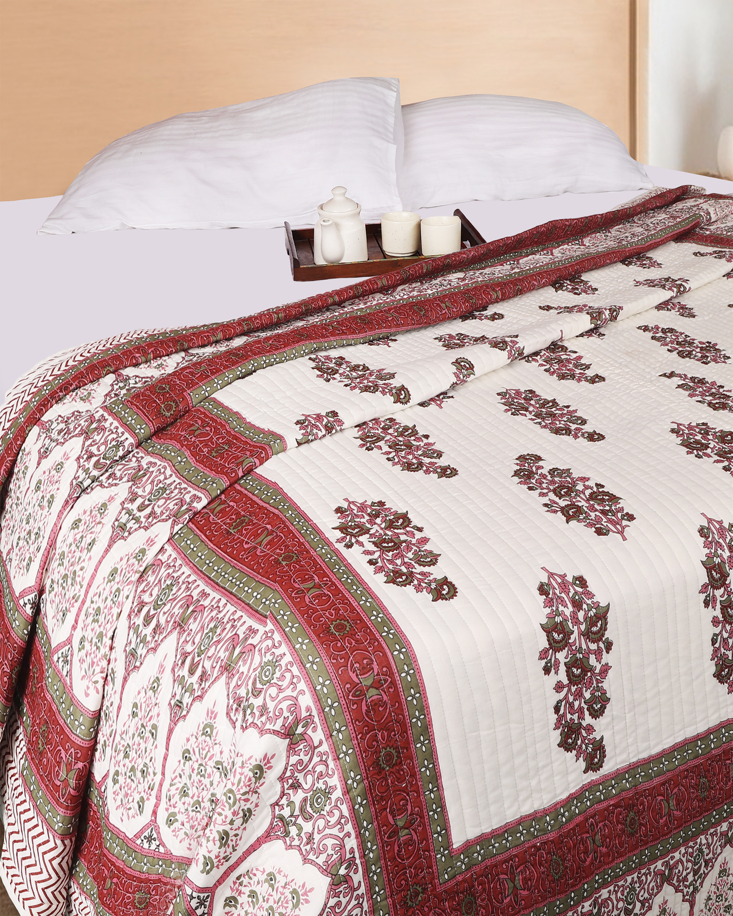 Vibrant Red Hand blocked Printed Reversible Double Bed Quilt