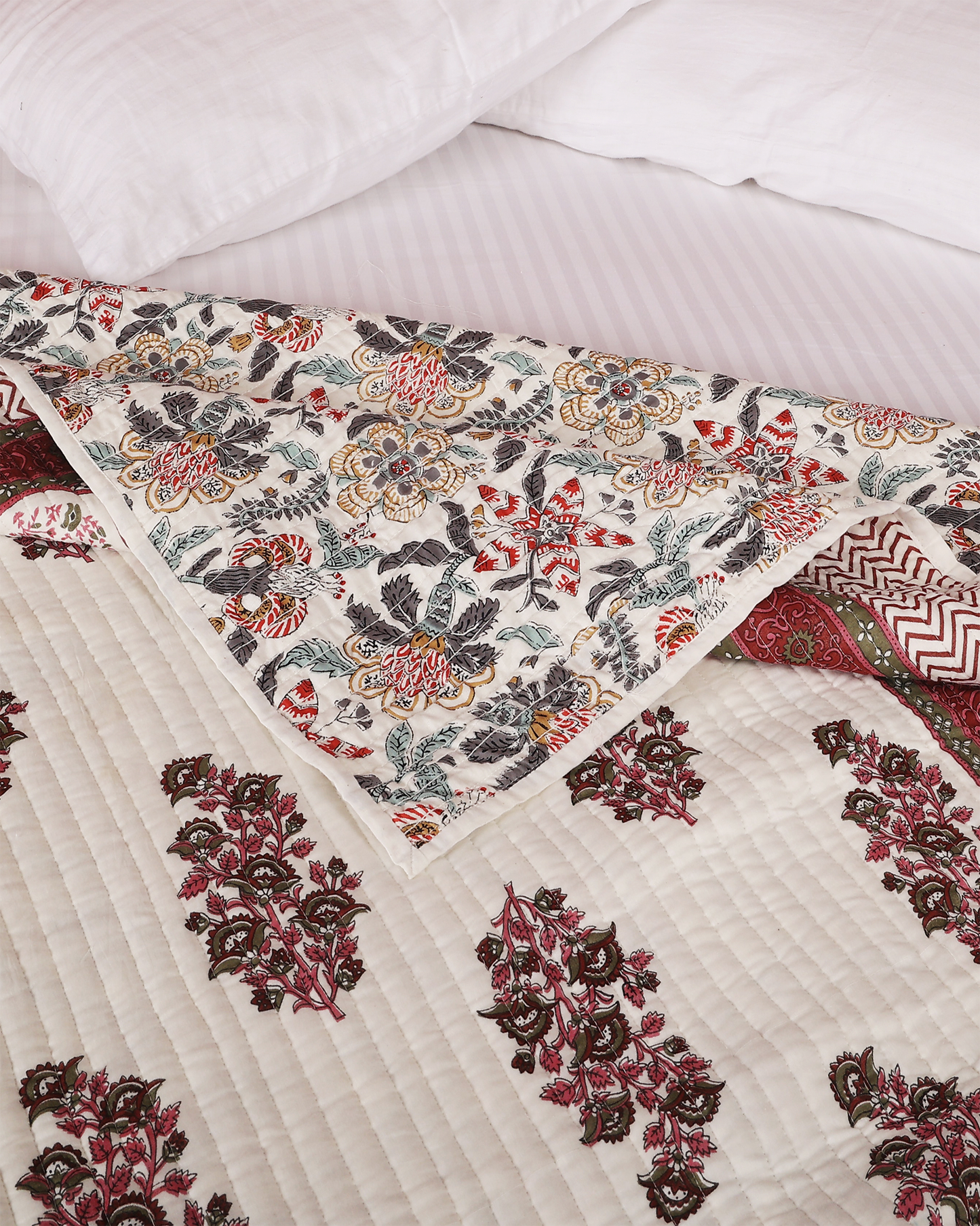 Vibrant Red Hand blocked Printed Reversible Double Bed Quilt