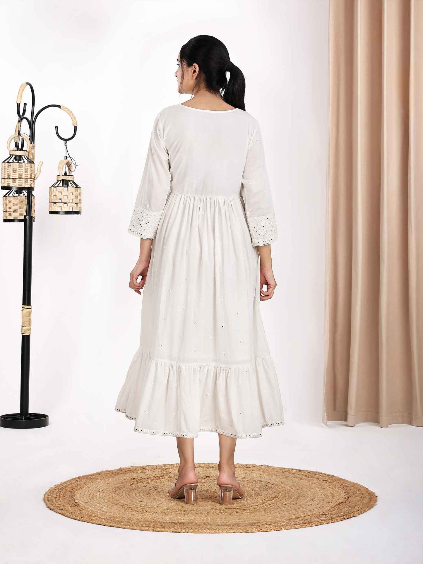 White Mirror Embroidered Tiered Pure Cotton Women Kurta