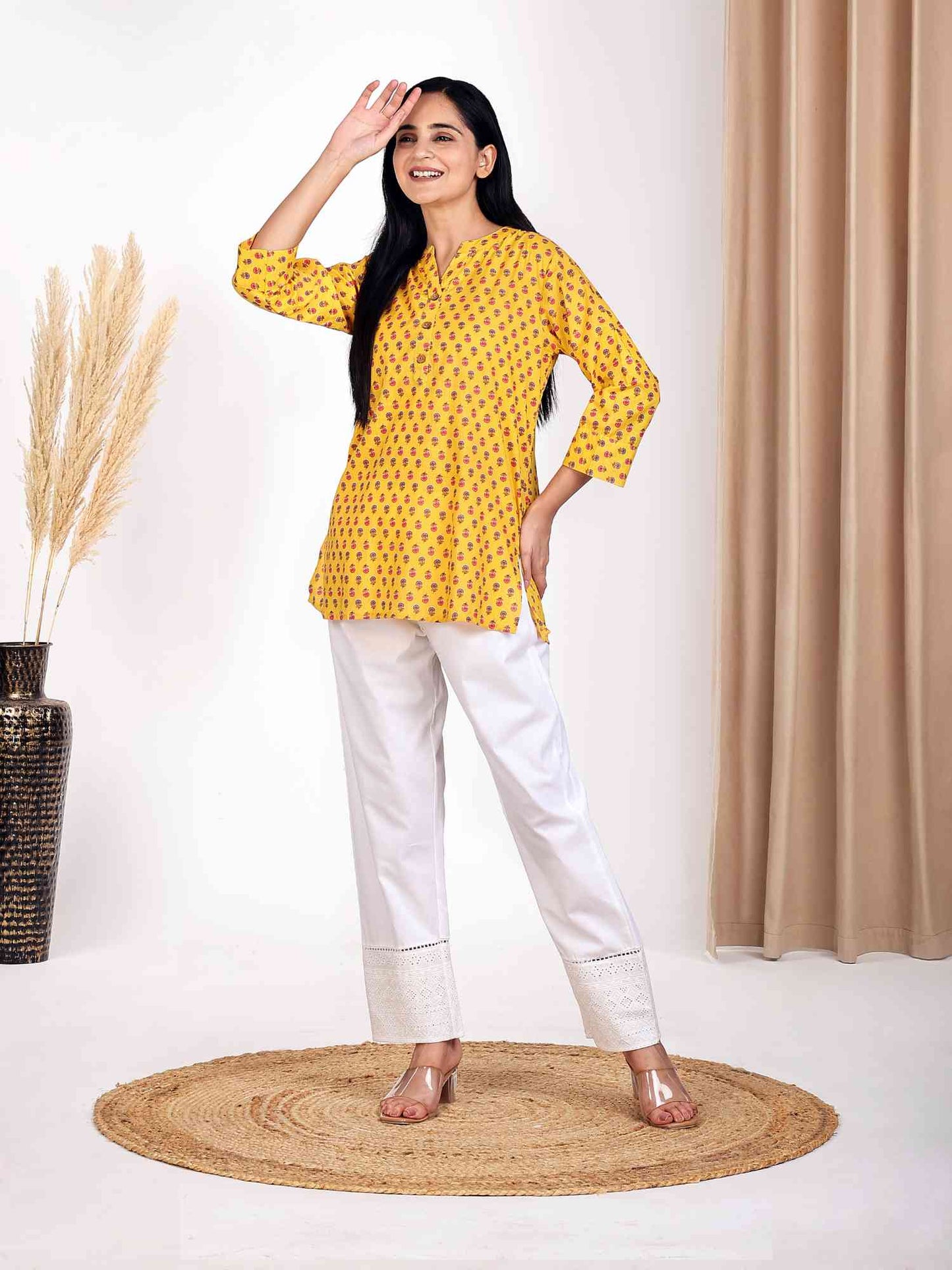 Handblocked Booti Print Yellow Cotton Top for Women