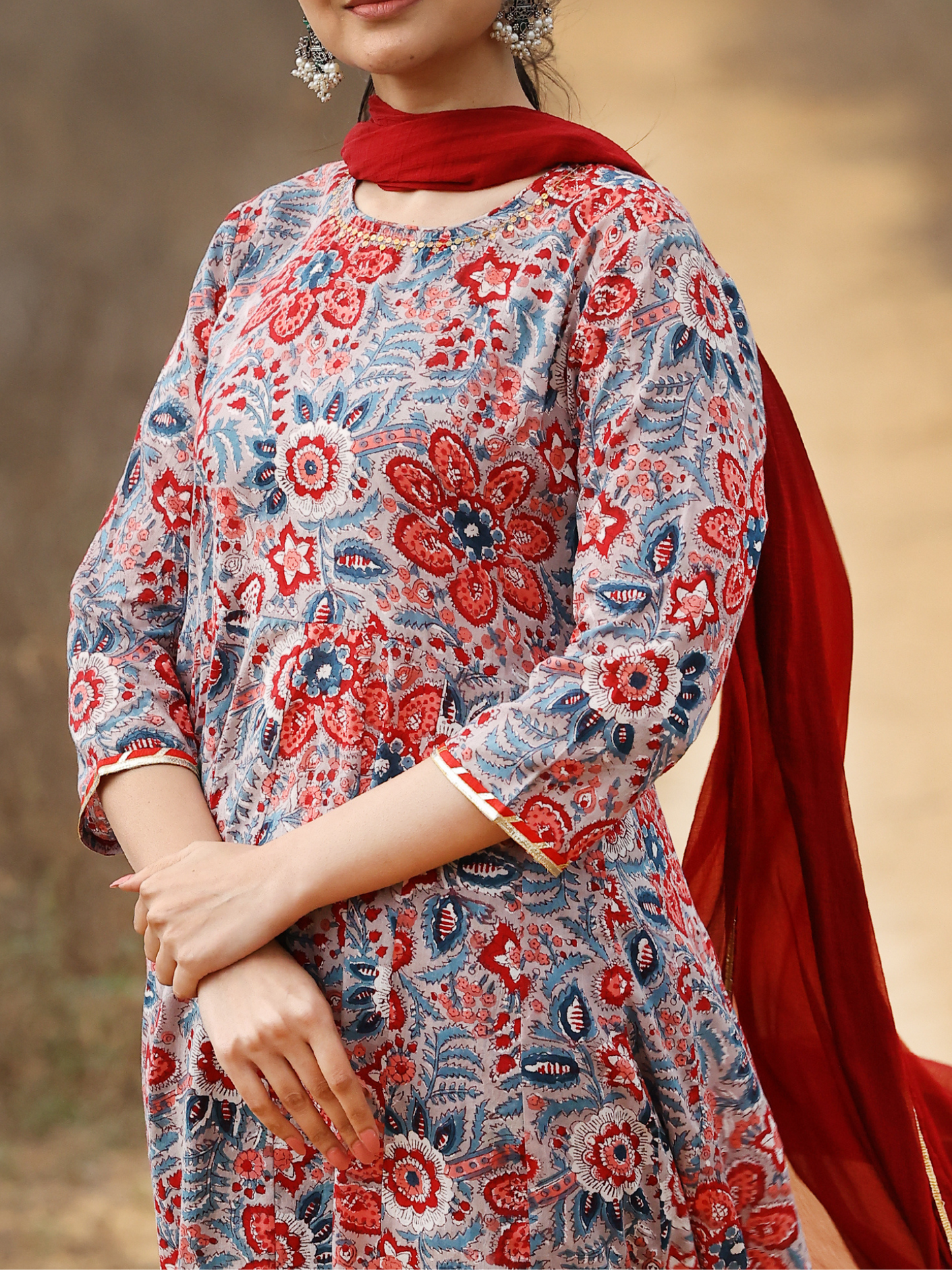 Pink Hand Block Printed Cotton Anarkali Kurta Set with Sequin Work & Shiffon Dupatta