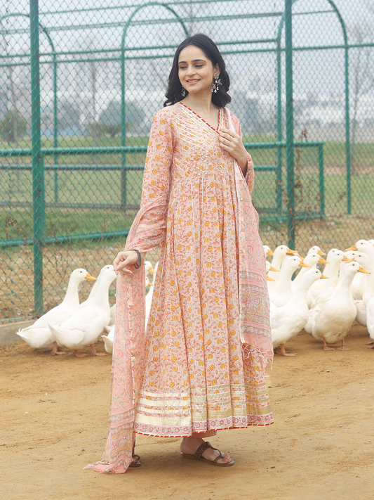 Peach Hand Block Printed Heavy Anarkali Kurta Set with Gotta Work & Kota Doriya Dupatta
