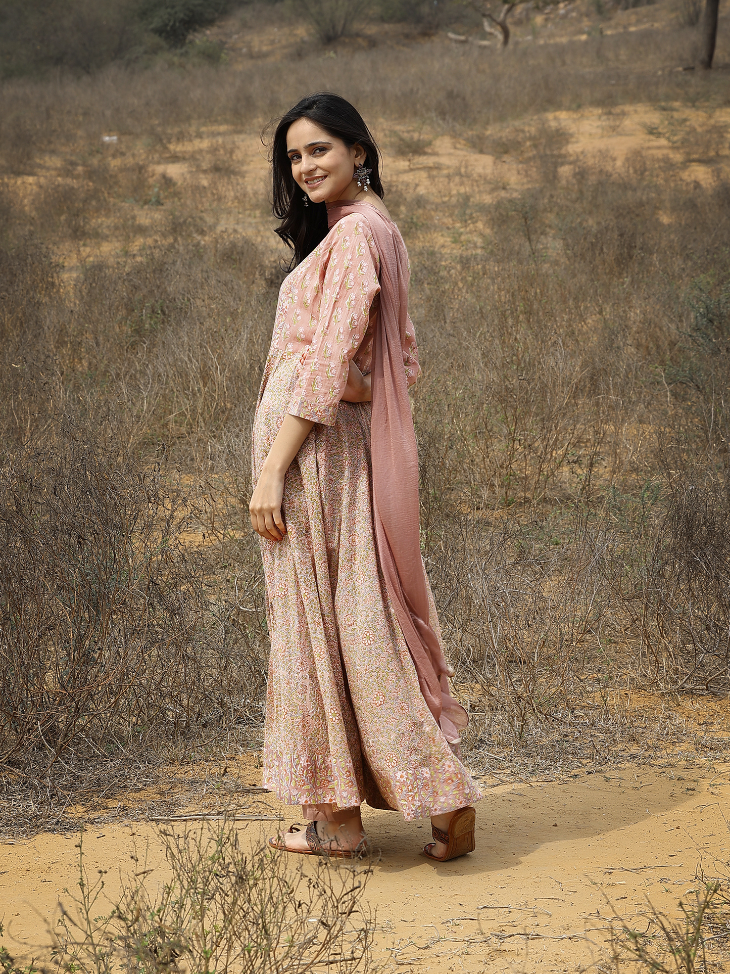 Light Brown Hand Block Cotton Printed Anarkali Kurta Set with Pant & Chiffon Dupatta