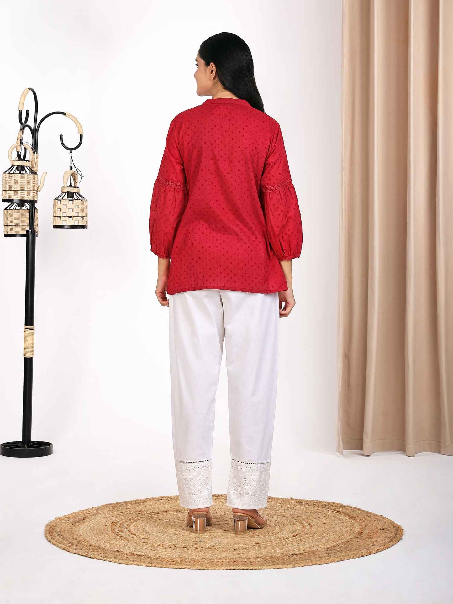 Red Solid Dobby Structured Pure Cotton Peplum Top For Women