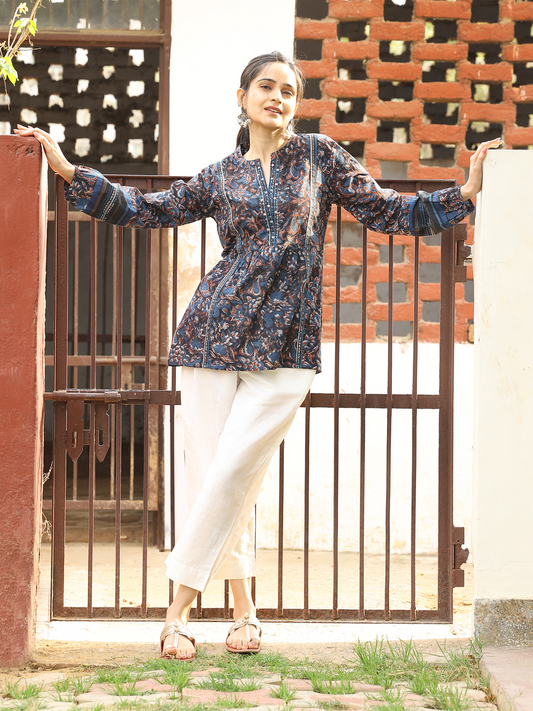 Blue Hand Block Dabu Printed Round Neck Cotton Top