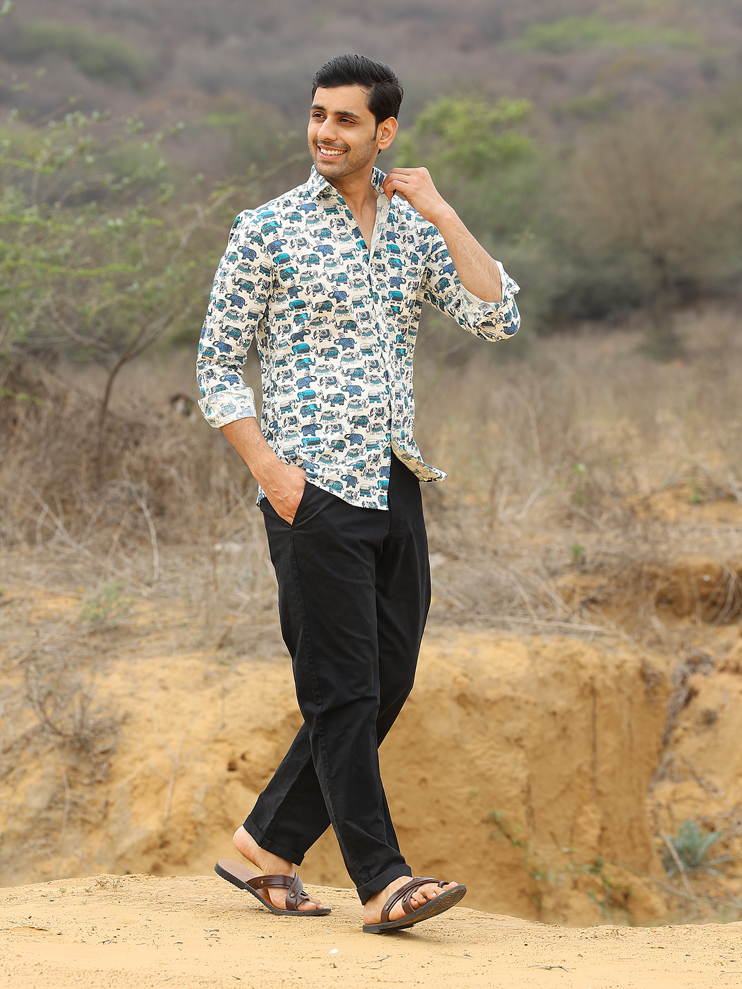 Full Sleeve Hand Block Elephant Printed Mens Cotton Shirt (Blue)