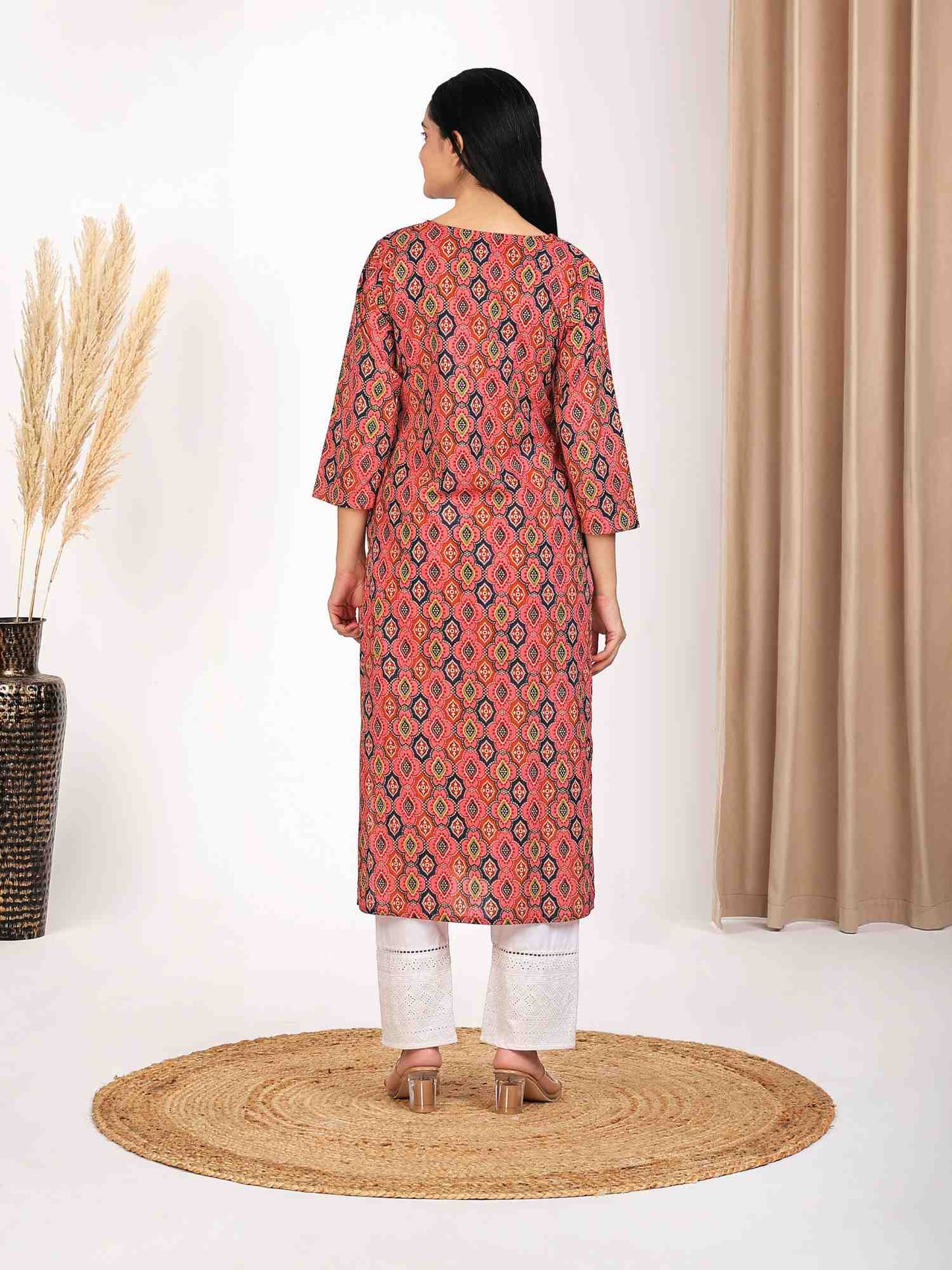 Peach Geomatric Printed Straight Kurta for Women With Gotta Work At Neck