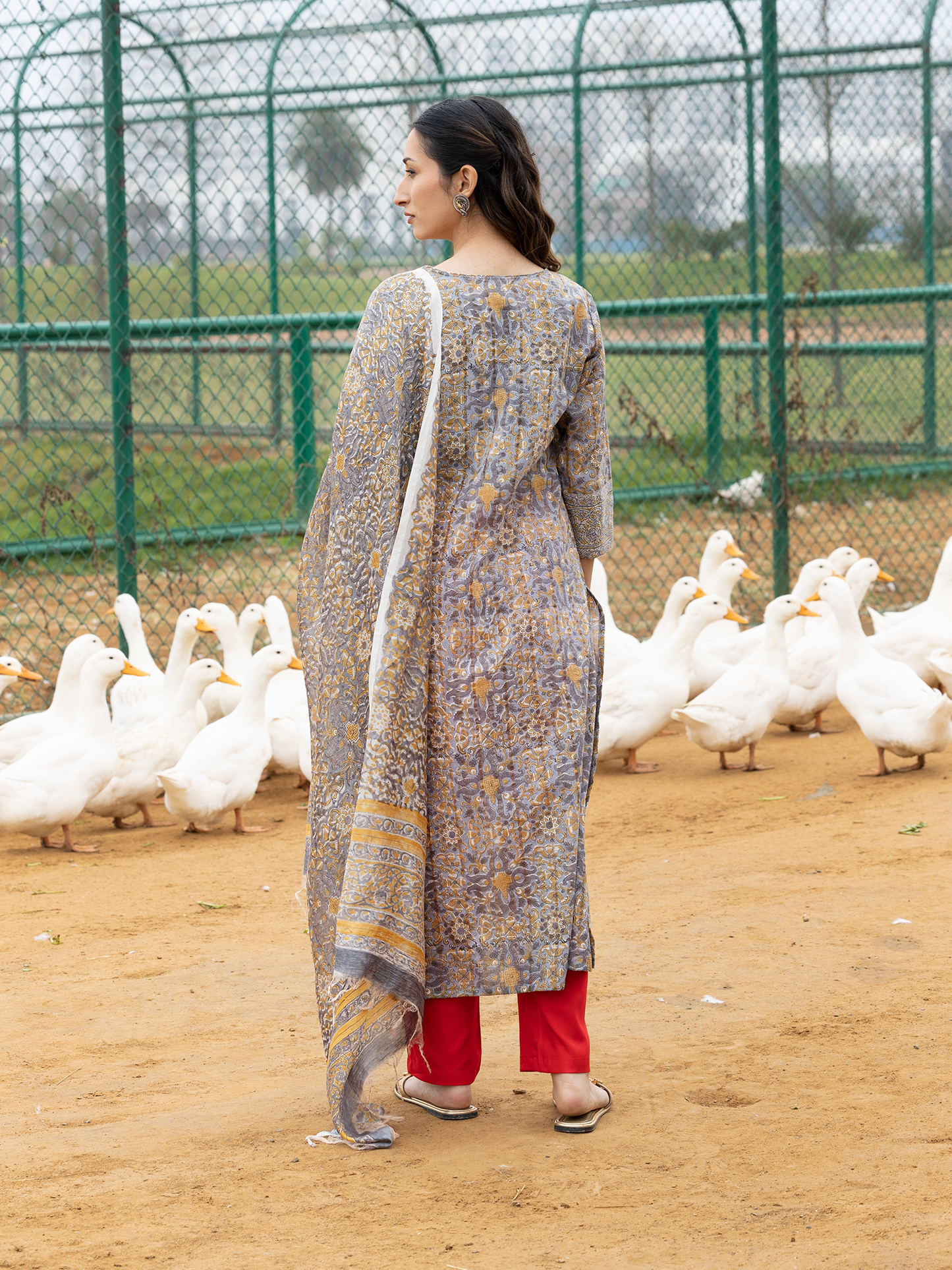 Grey Hand Block Printed Anarkali Kurta Set with Pant & Chiffon Dupatta