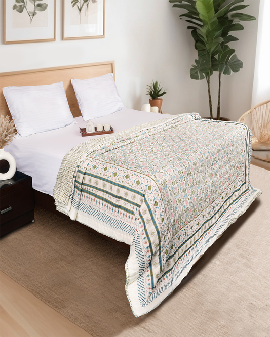 White Hand blocked Printed Reversible Double Bed Quilt