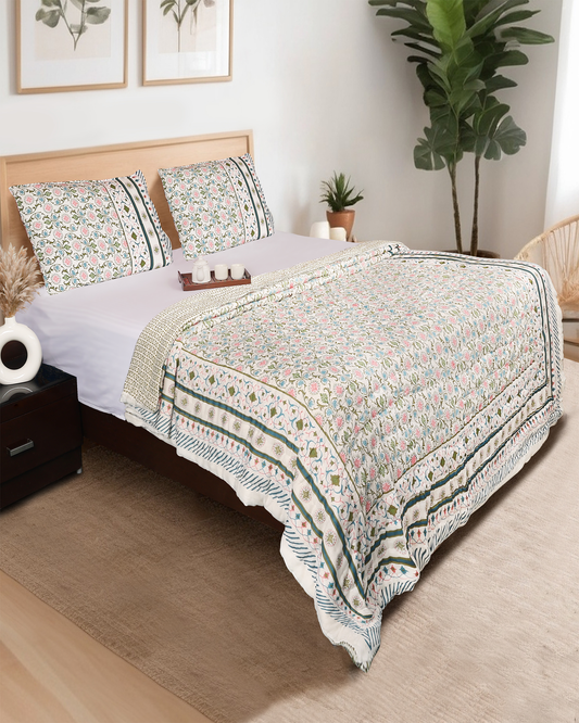 White Hand Blocked Printed Reversible Double Bed Hand Quilting Quilt Set