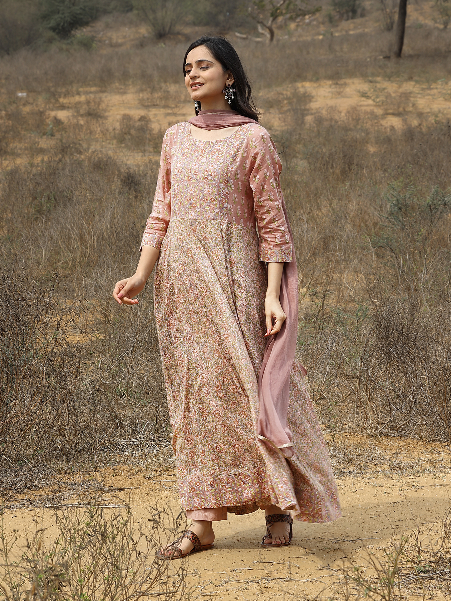 Light Brown Hand Block Cotton Printed Anarkali Kurta Set with Pant & Chiffon Dupatta