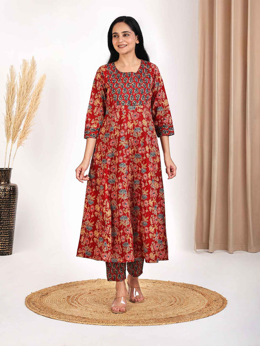 Red Floral Print Anarkali Kurta Set with Embroidery at Yoke
