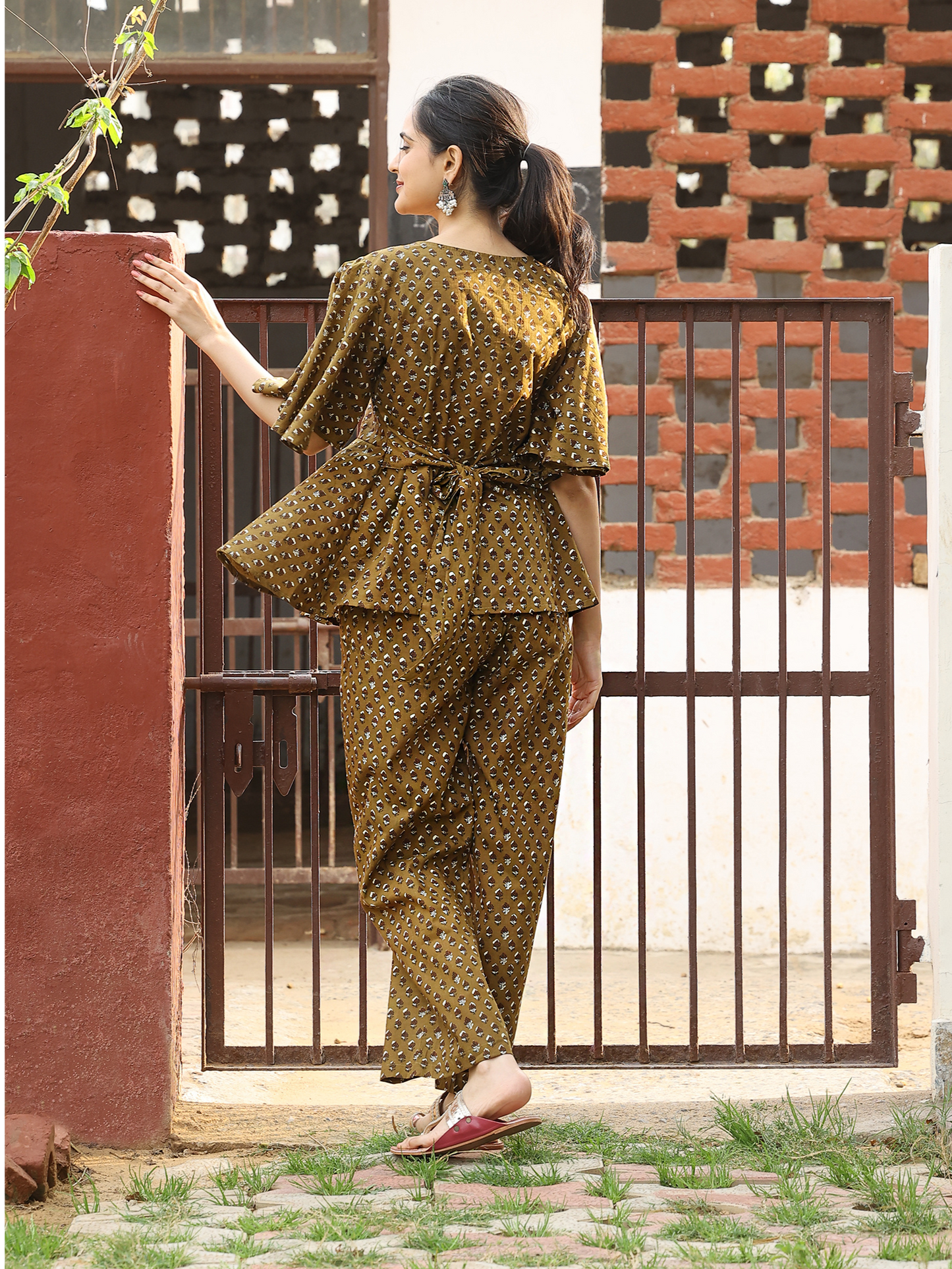 Yellow Hand Block Bagru Printed Frilled Sleeve Cotton Co-ord Set