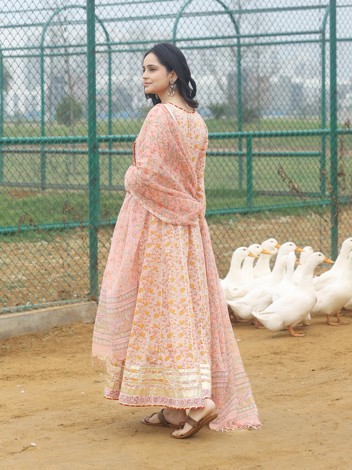 Peach Hand Block Printed Heavy Anarkali Kurta Set with Gotta Work & Kota Doriya Dupatta