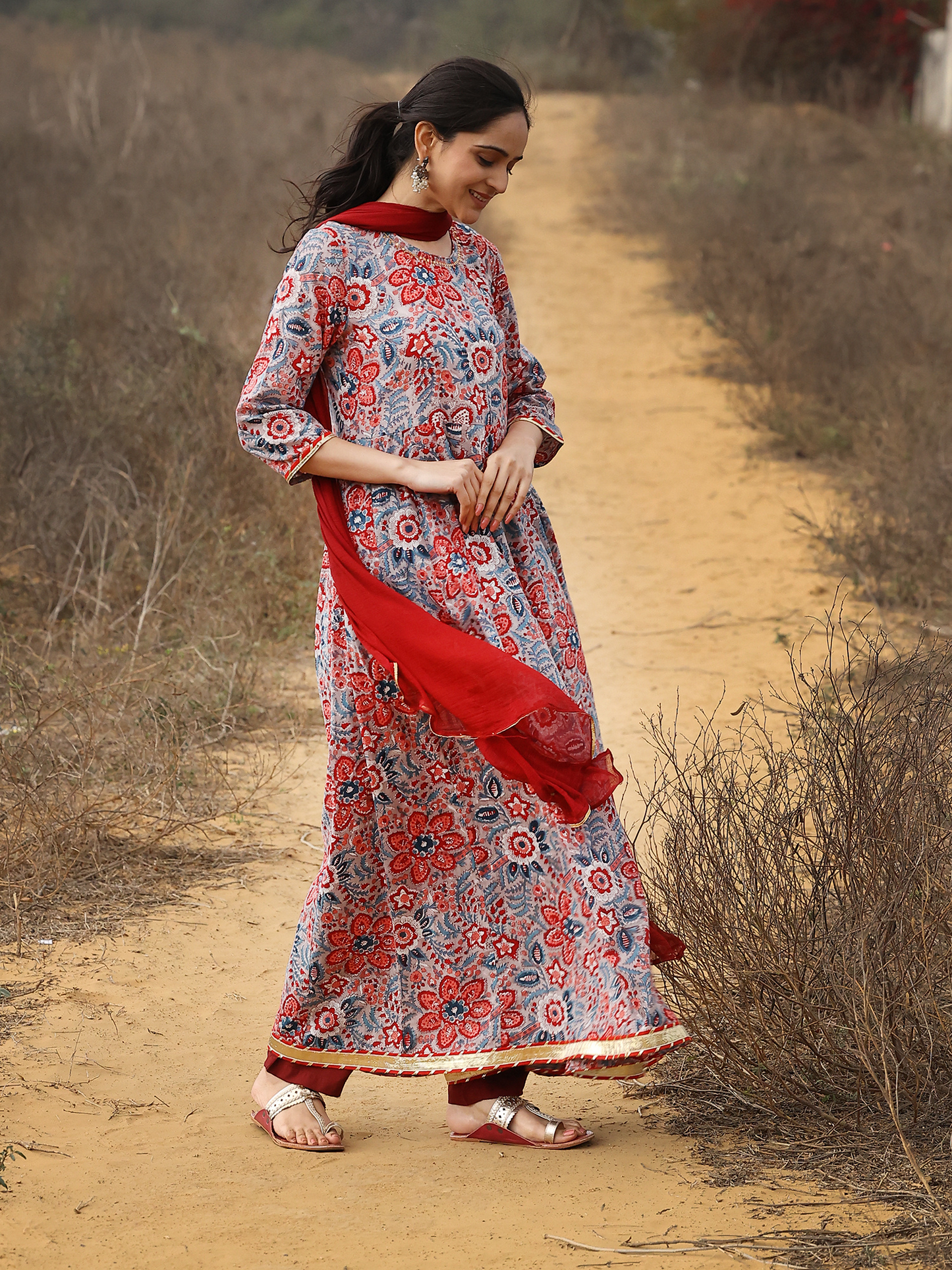 Pink Hand Block Printed Cotton Anarkali Kurta Set with Sequin Work & Shiffon Dupatta