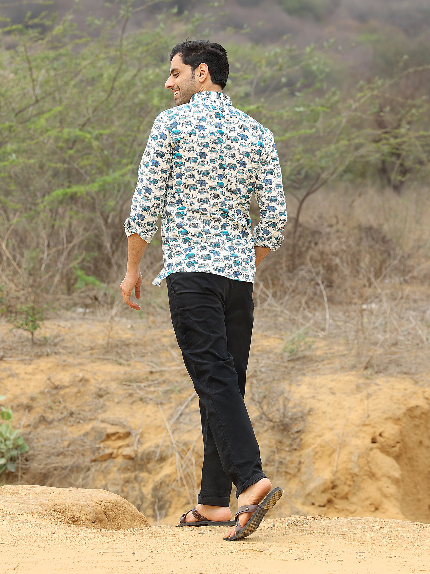 Full Sleeve Hand Block Elephant Printed Mens Cotton Shirt (Blue)