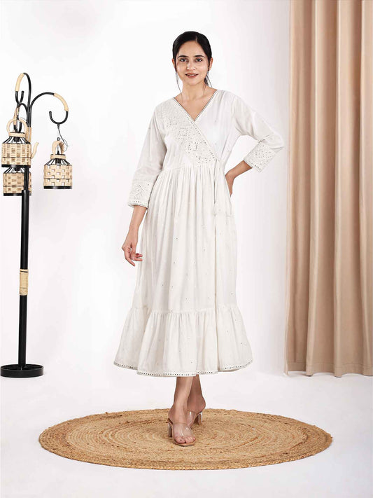 White Mirror Embroidered Tiered Pure Cotton Women Kurta