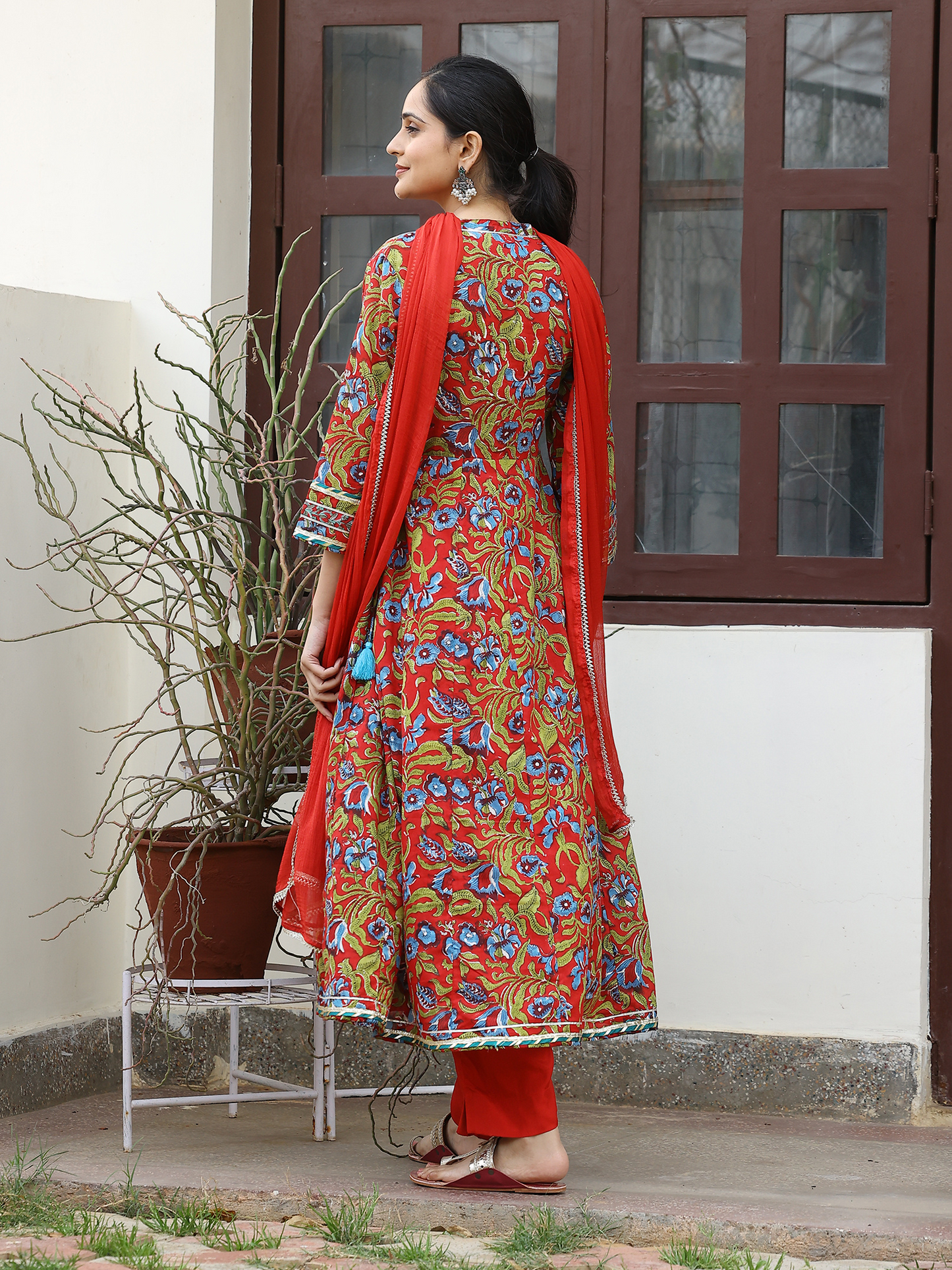 Red Hand Block Cotton Printed Anarkali Kurta Set
