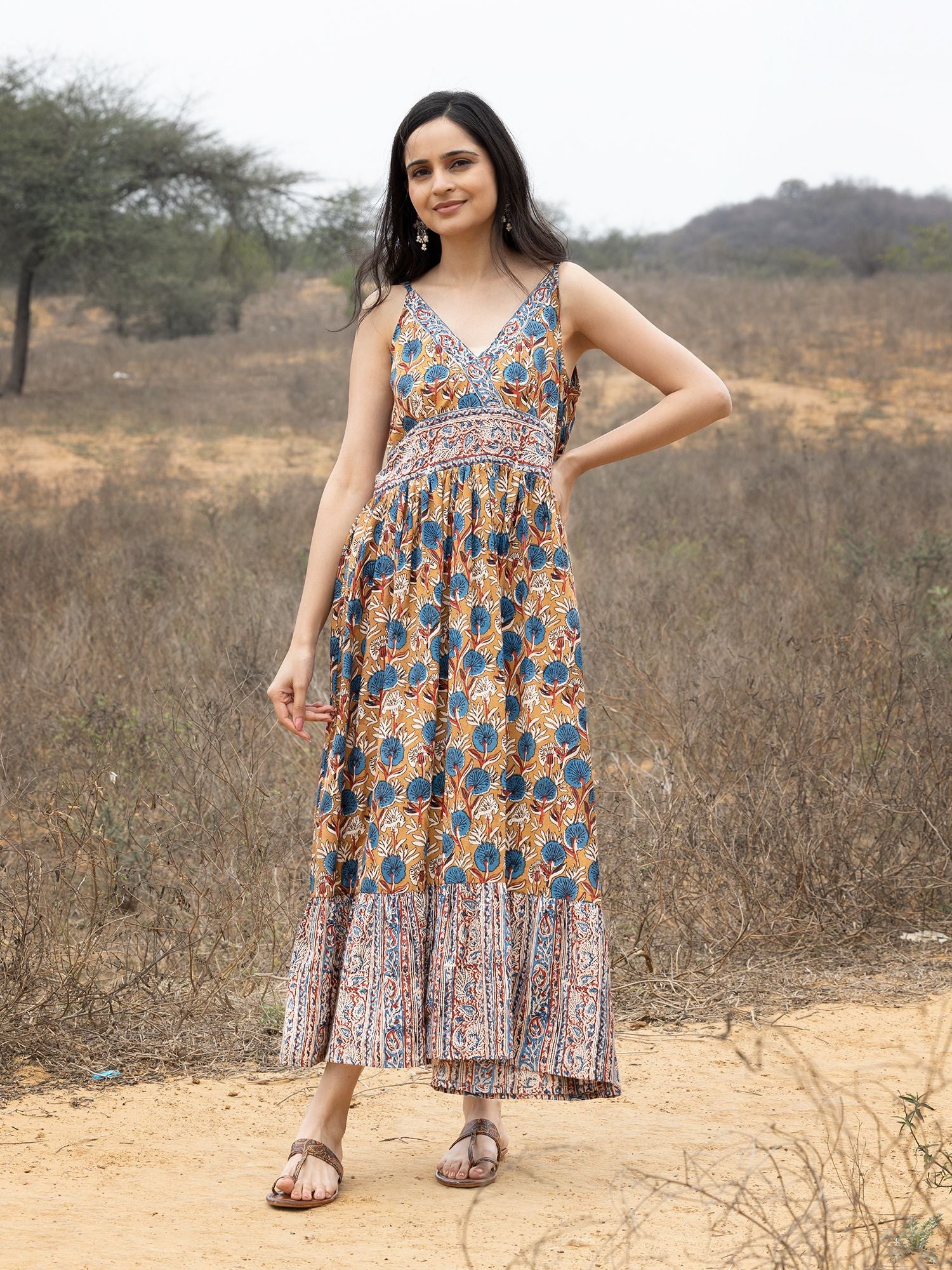 kalamkari cotton dress Traditional Kalamkari Block Printed Cotton Long Maxi Dress - Round Neckline With Elastic Dress - Long Sleeve Bohemian Maxi