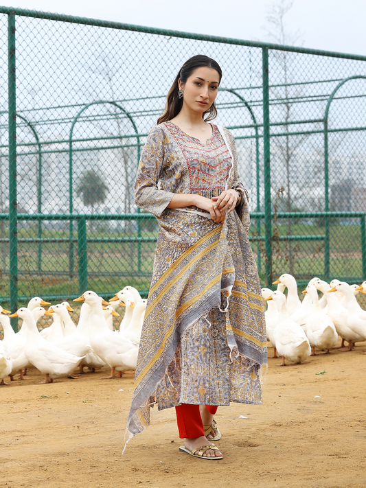 Grey Hand Block Printed Anarkali Kurta Set with Pant & Chiffon Dupatta