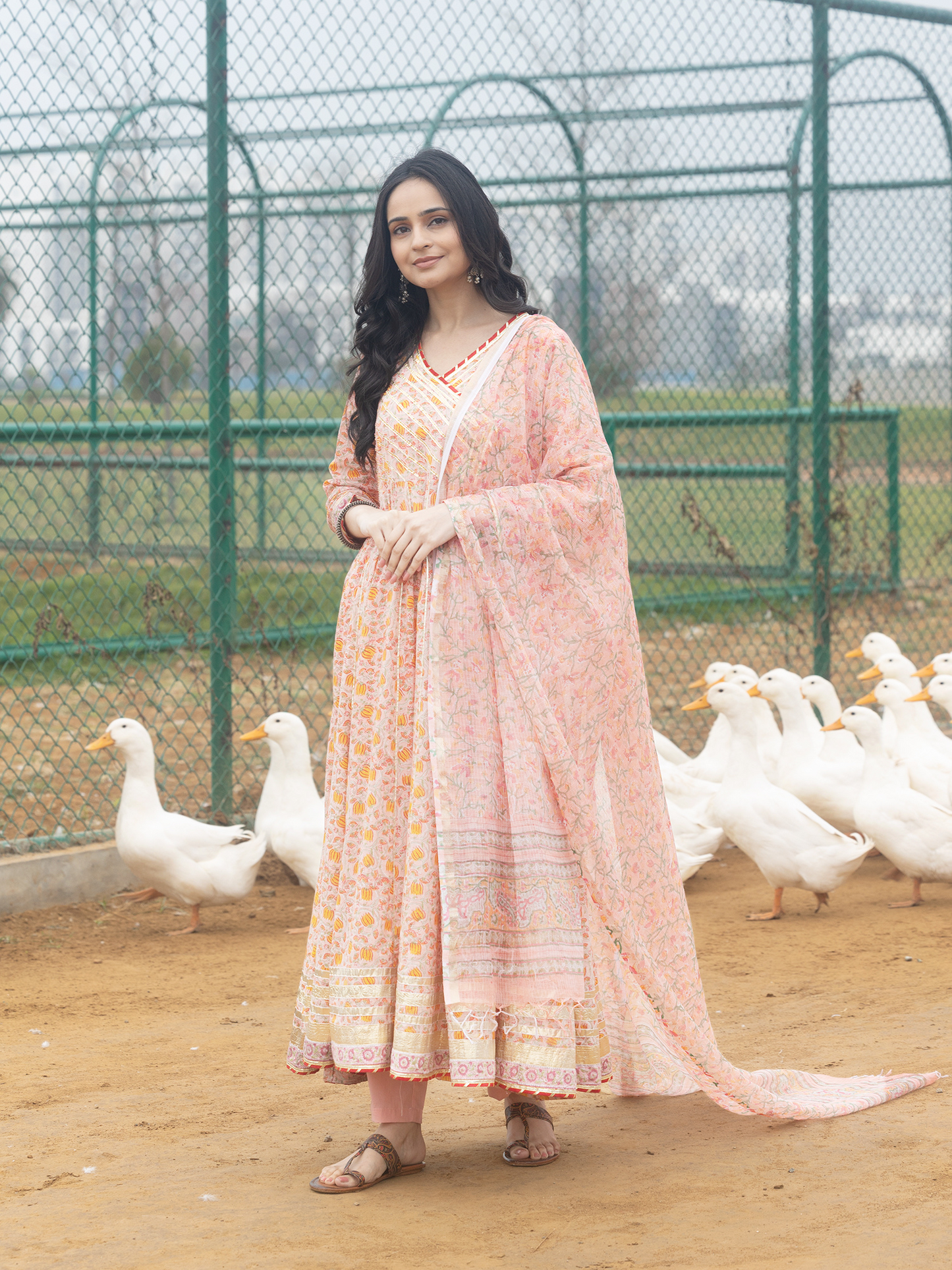 Peach Hand Block Printed Heavy Anarkali Kurta Set with Gotta Work & Kota Doriya Dupatta