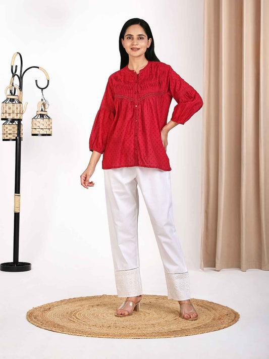 Red Solid Dobby Structured Pure Cotton Peplum Top For Women