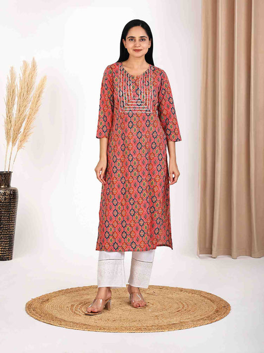 Peach Geomatric  Printed Straight Kurta for Women With Gotta Work At Neck