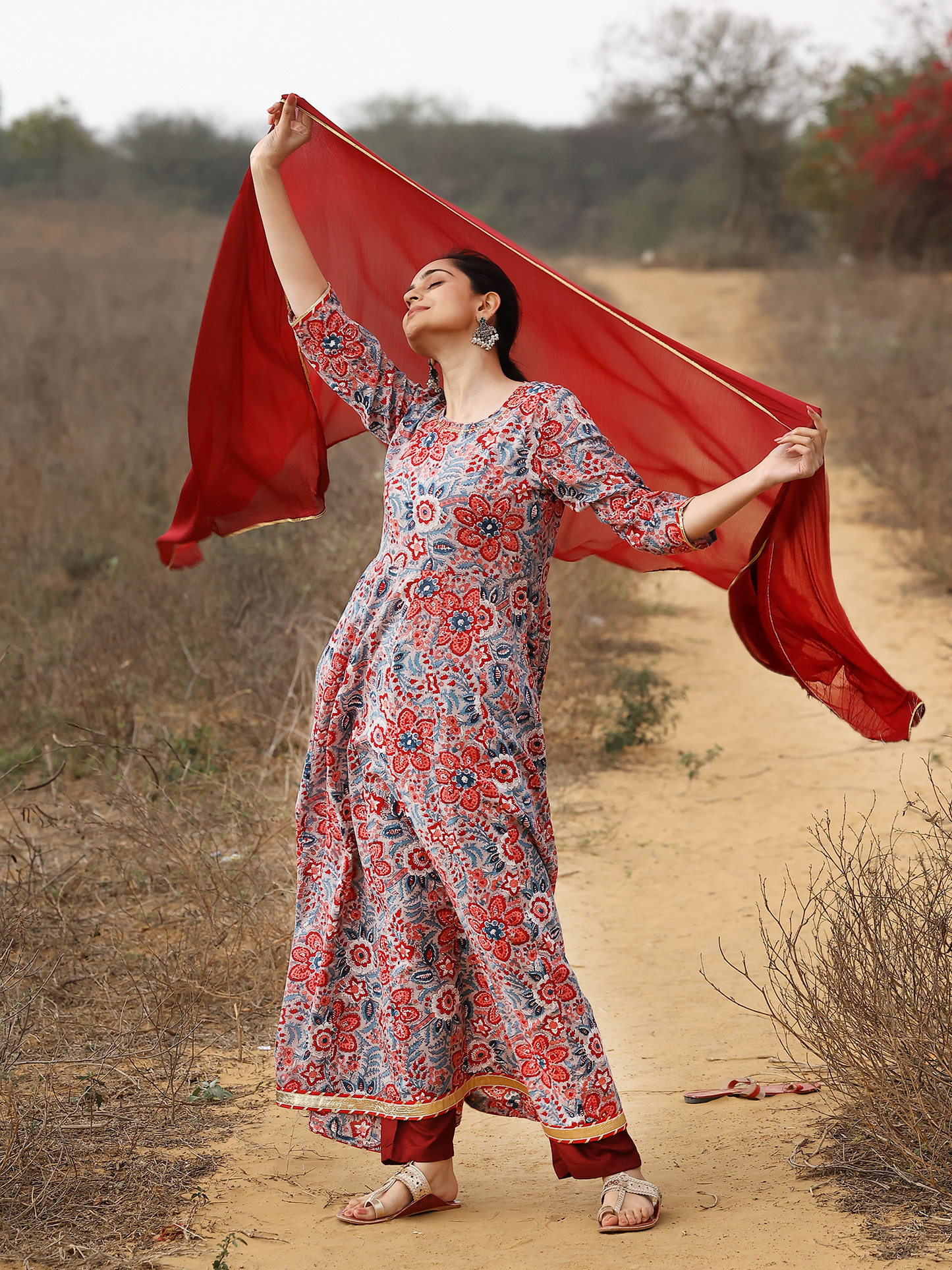 Pink Hand Block Printed Cotton Anarkali Kurta Set with Sequin Work & Shiffon Dupatta