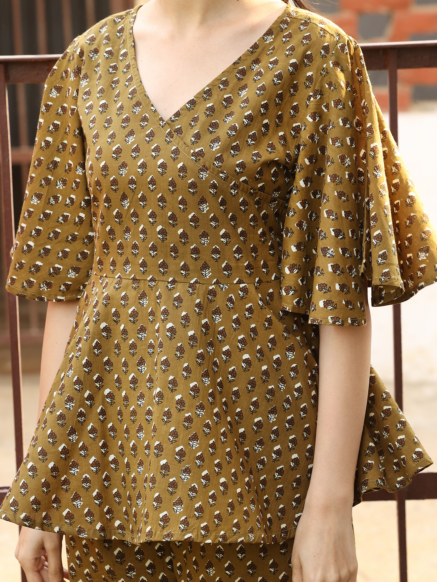 Yellow Hand Block Bagru Printed Frilled Sleeve Cotton Co-ord Set
