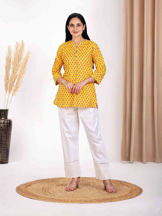 Handblocked Booti Print Yellow Cotton Top for Women