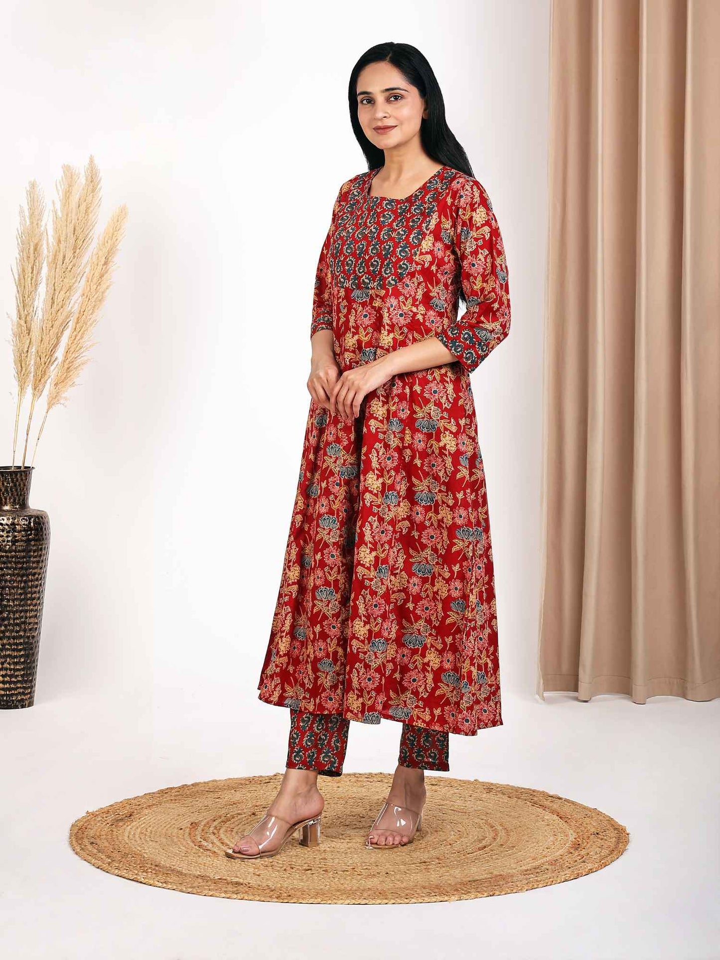 Red Floral Print Anarkali Kurta Set with Embroidery at Yoke