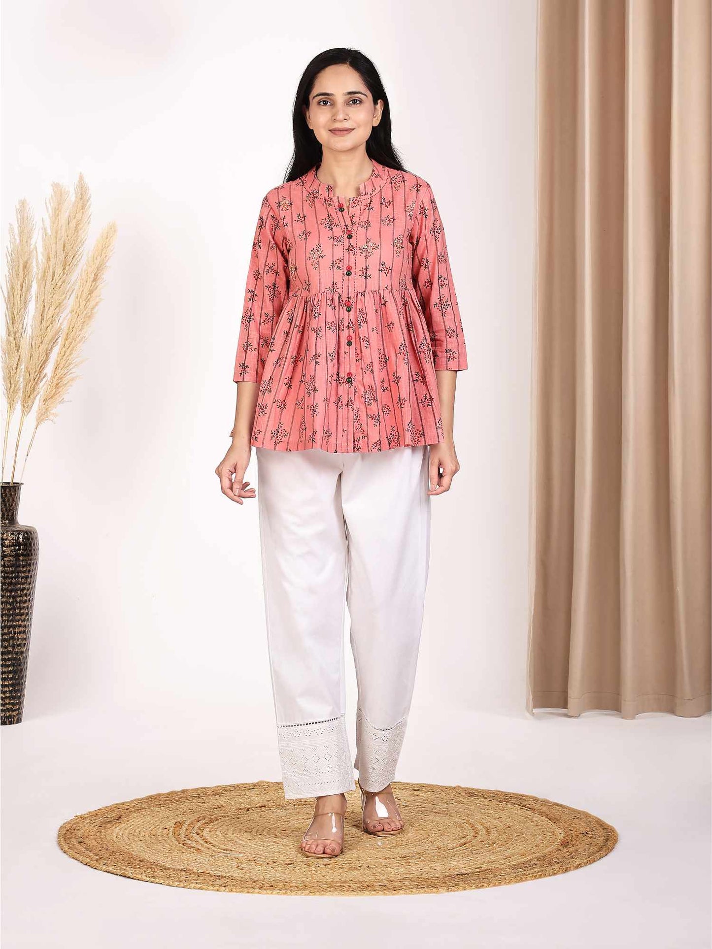 Women's Pink Floral Printed Peplum Top with Embroidery at Yoke Pure Cotton