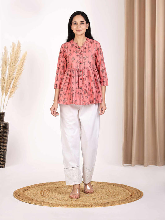 Women's Pink Floral Printed Peplum Top with Embroidery at Yoke Pure Cotton