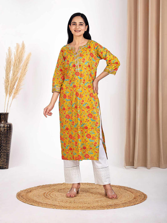 Yellow Round V-Neck Floral Printed Straight Kurta for Women