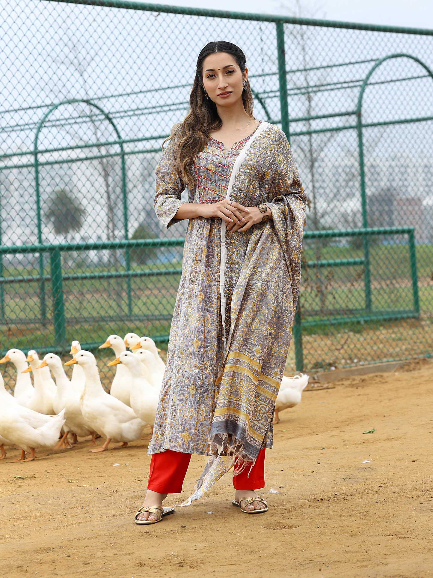 Grey Hand Block Printed Anarkali Kurta Set with Pant & Chiffon Dupatta