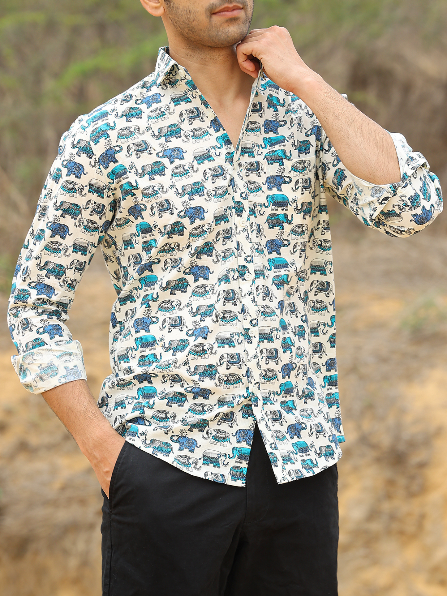 Full Sleeve Hand Block Elephant Printed Mens Cotton Shirt (Blue)