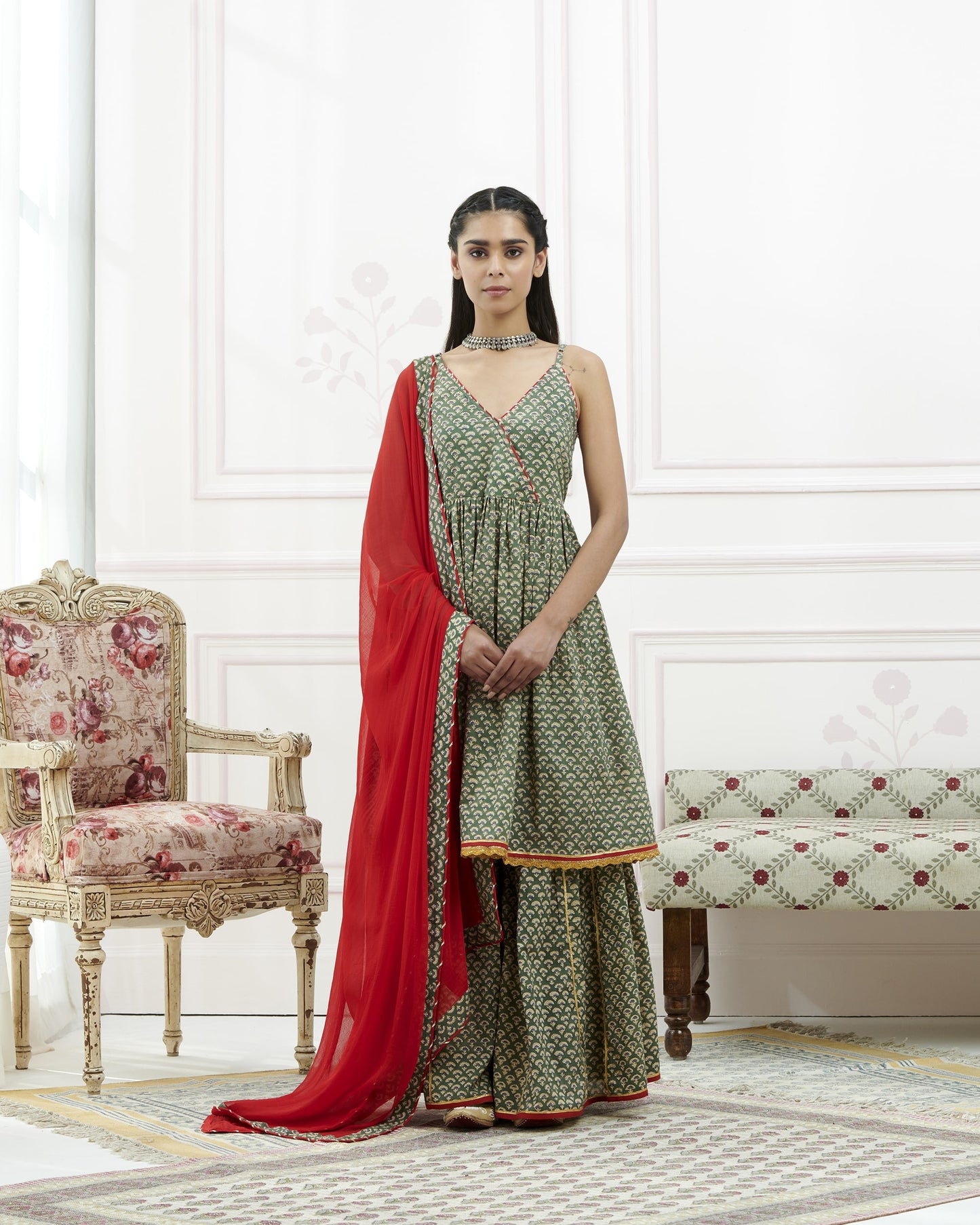 Hand Block Bagru Booti Print Sharara Set With Georgette Dupatta