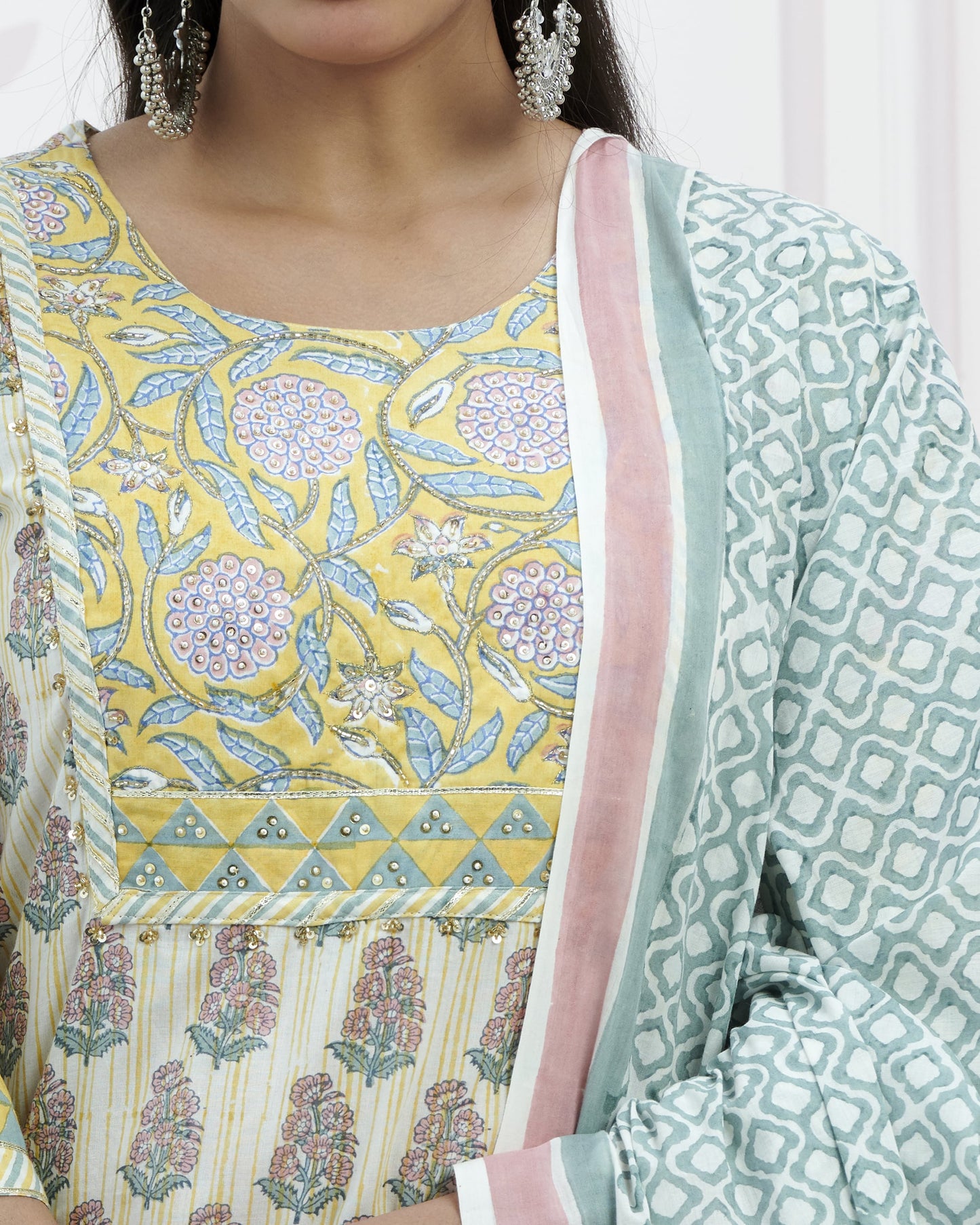 Hand Block Bagru Booti Print Plazzo Set With Seqin Hand Emb At Yoke