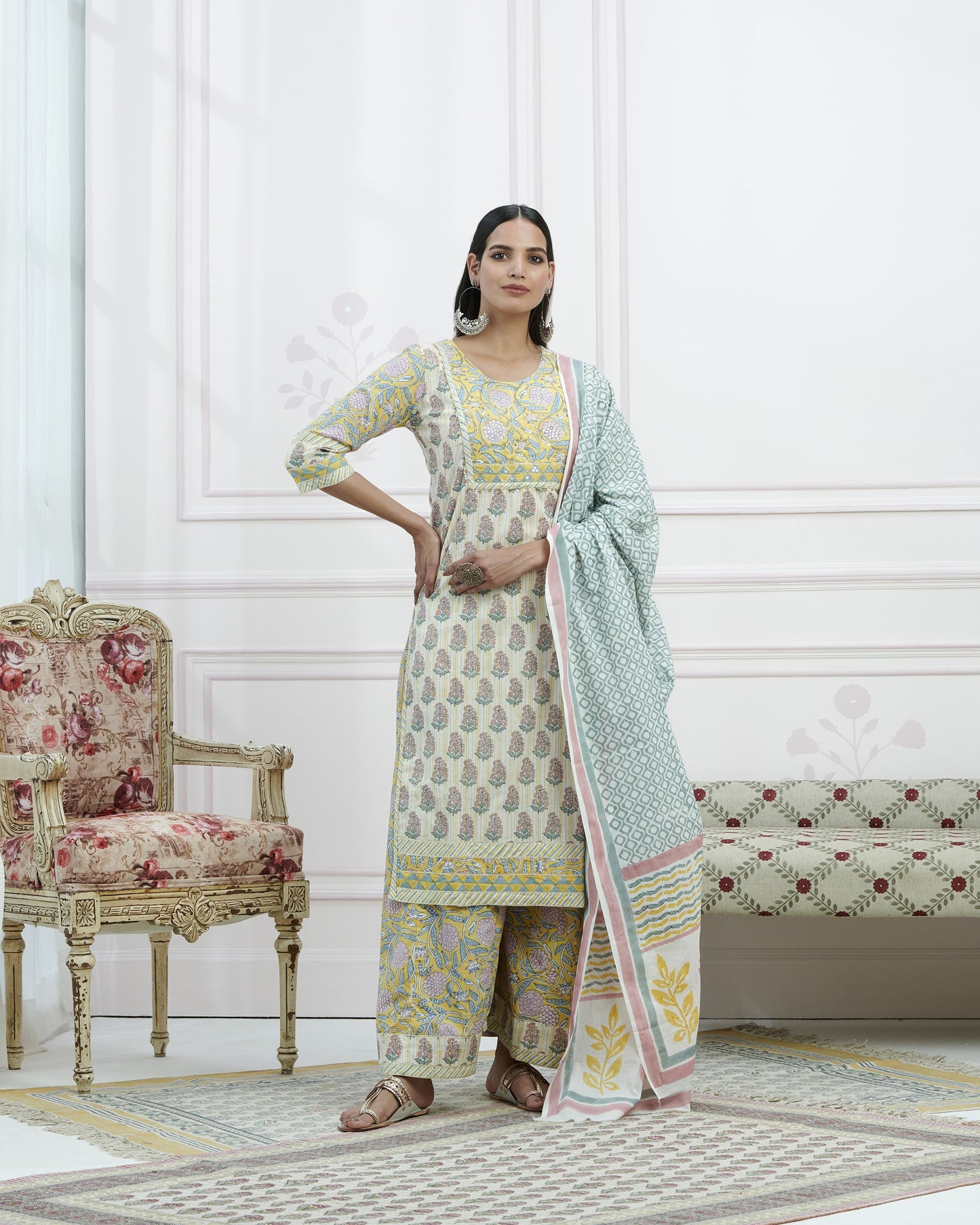 Hand Block Bagru Booti Print Plazzo Set With Seqin Hand Emb At Yoke