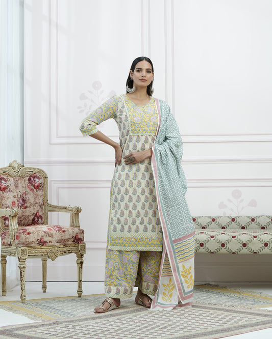 Hand Block Bagru Booti Print Plazzo Set With Seqin Hand Emb At Yoke