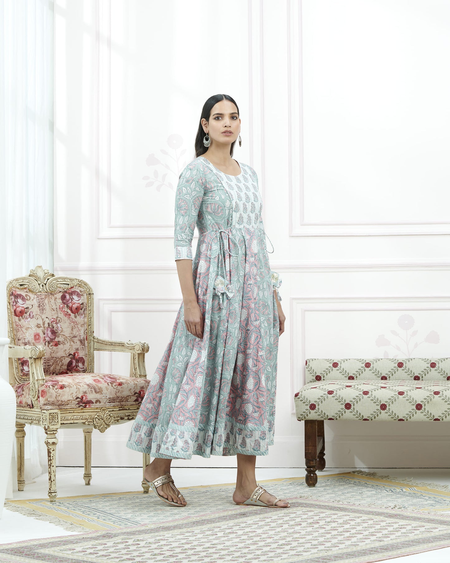 Hand Block Paisley Bagru Print Kurta With Beads Emb At Yoke