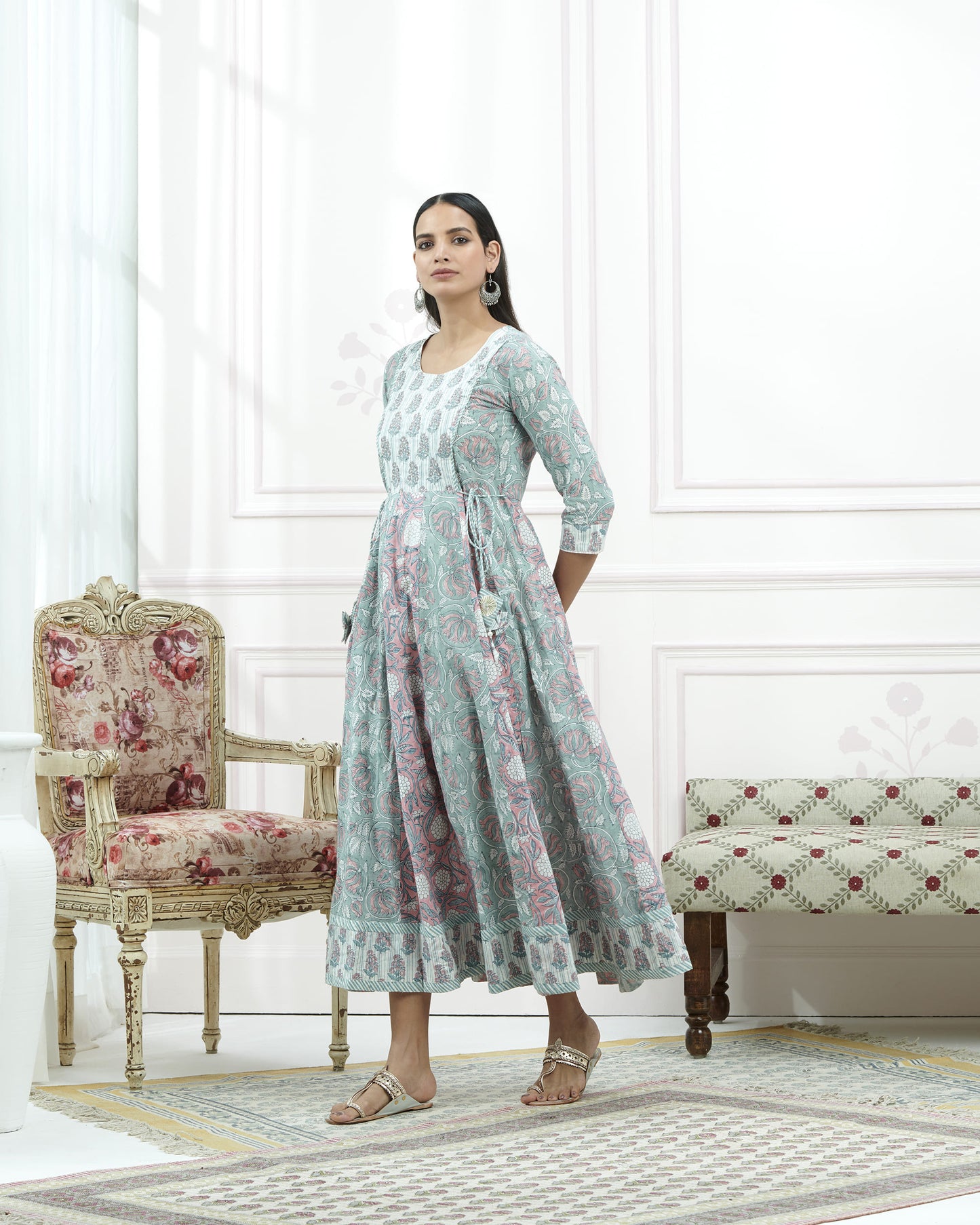 Hand Block Paisley Bagru Print Kurta With Beads Emb At Yoke