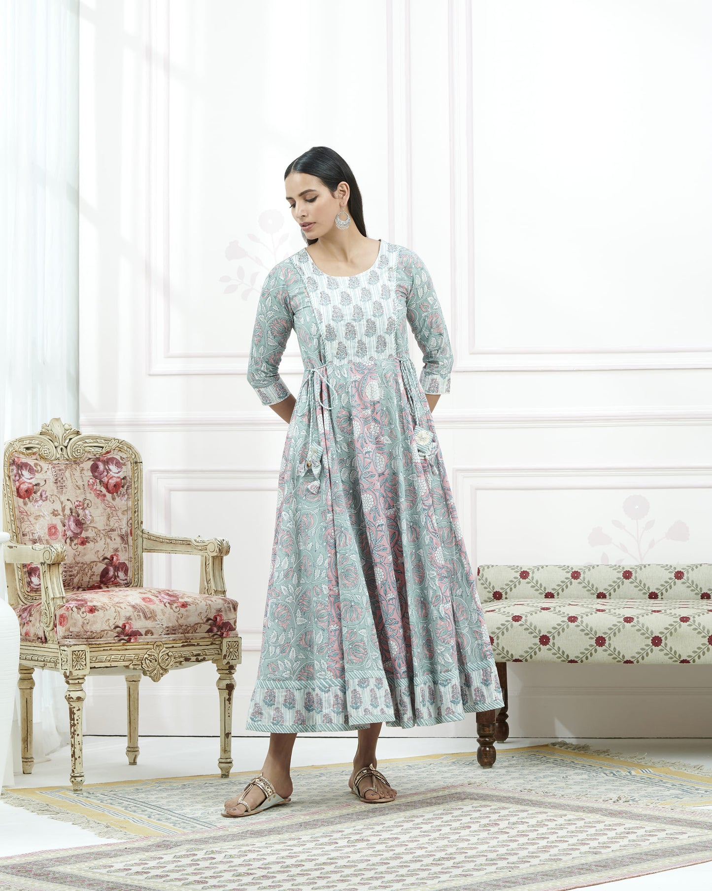 Hand Block Paisley Bagru Print Kurta With Beads Emb At Yoke