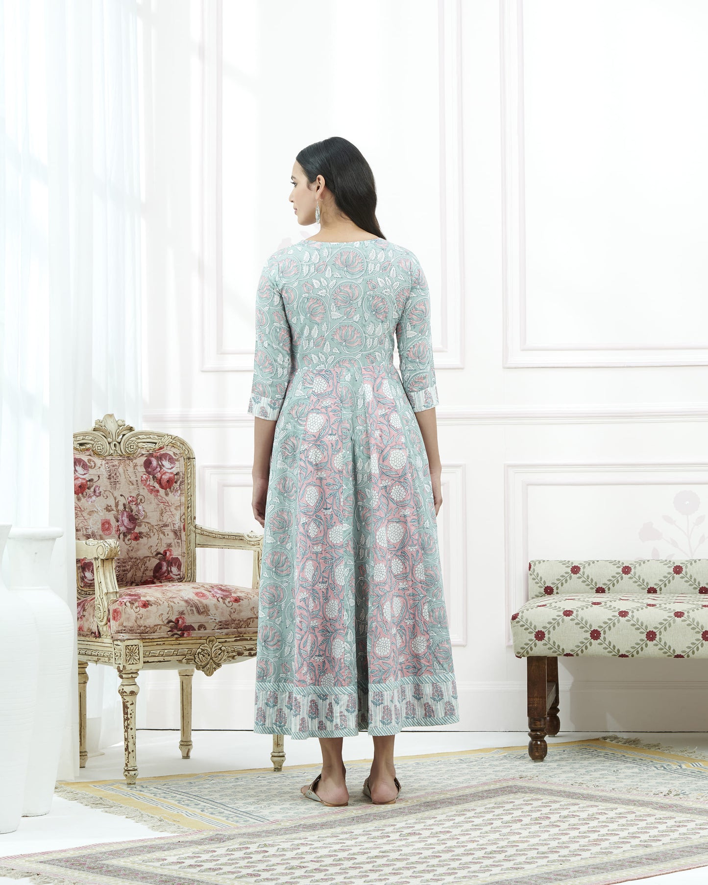 Hand Block Paisley Bagru Print Kurta With Beads Emb At Yoke