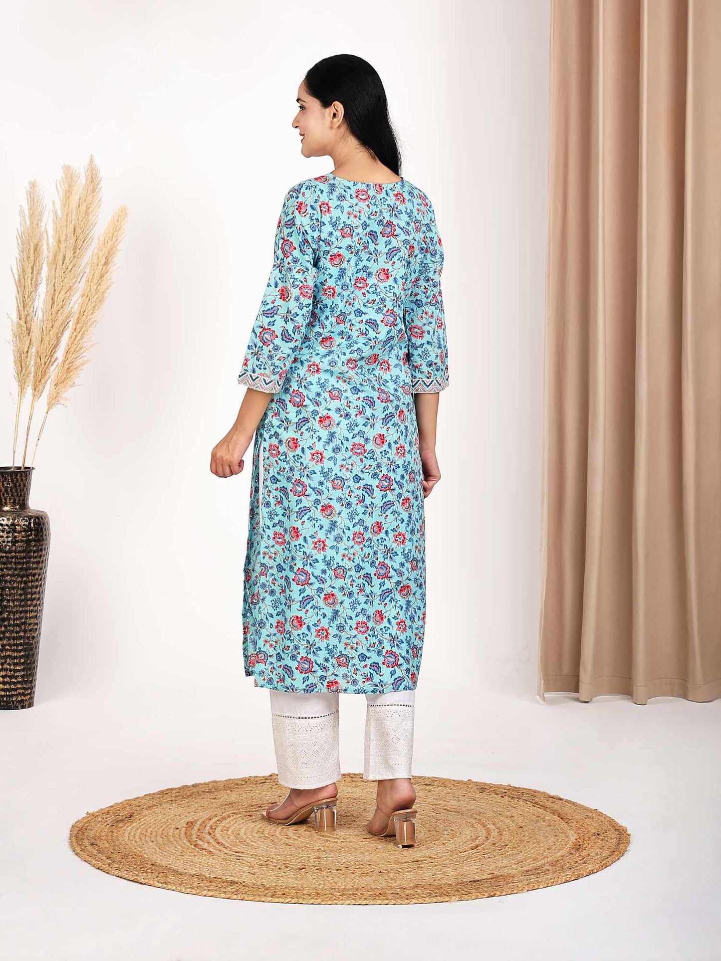 Light Blue Floral Printed Straight Kurta