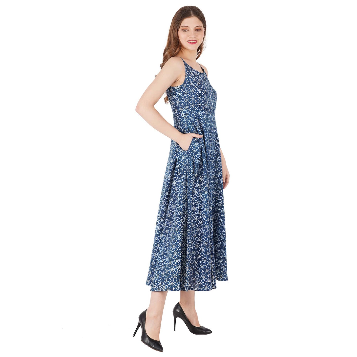 Indigo Cotton Hand Block Printed Dress With Hand Emb At Yoke