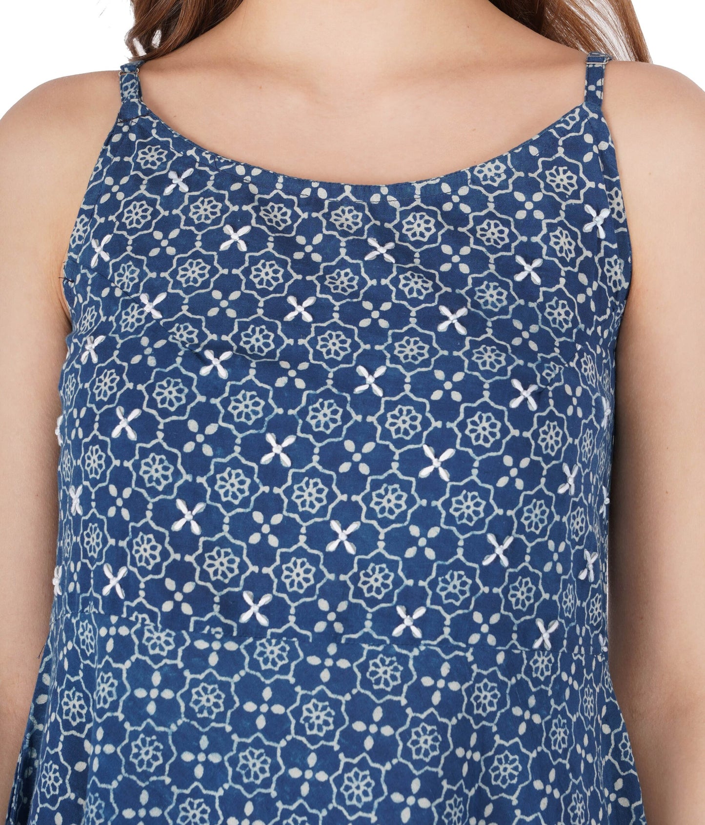 Indigo Cotton Hand Block Printed Dress With Hand Emb At Yoke