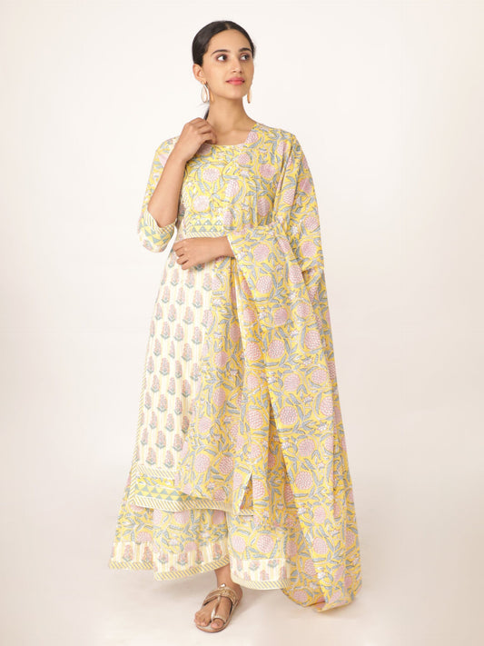 White Hand Block Bagru Printed Straight Kurta Set