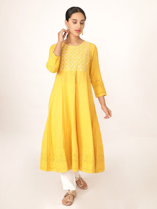 Yellow Cotton Solid Printed Kurta Set